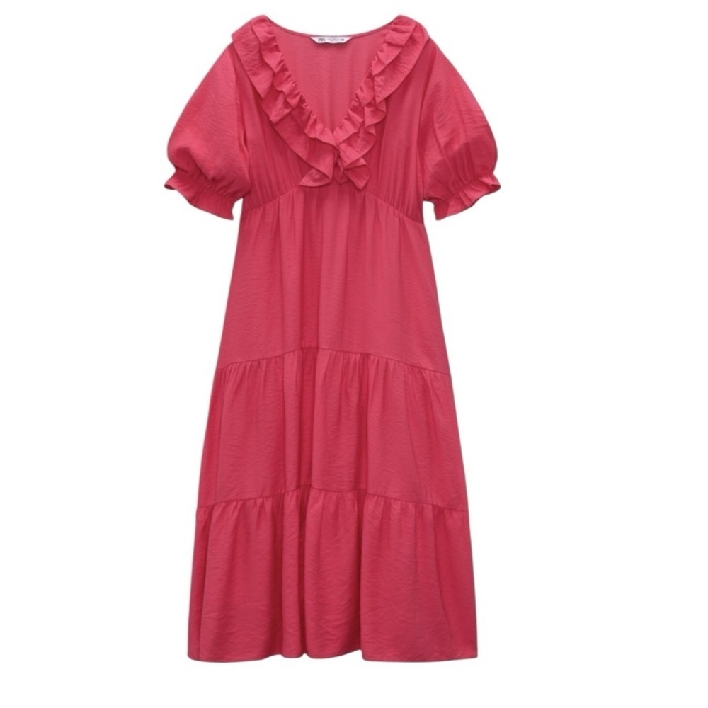Zara Fuchsia Pink Midi Dress Ruffle V-neck Short Sleeve M